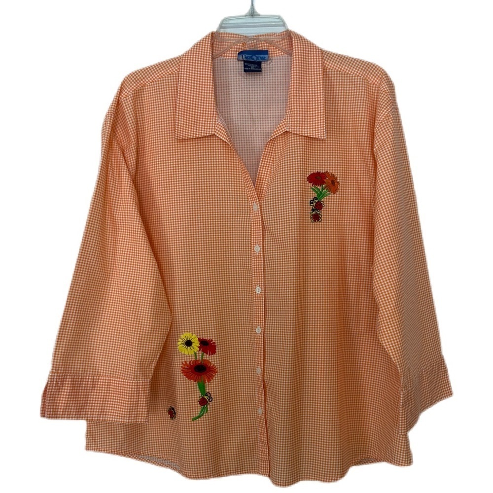 Las Olas Orange and White Gingham Button Down Shirt Cottagecore Cabincore Retro - Picture 2 of 14
